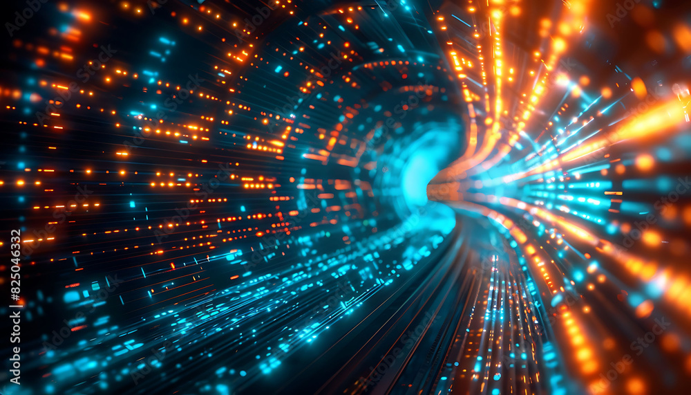 Fototapete Abstract representation of high-speed global data transfer, featuring a dynamic tunnel-like effect with bright blue and orange lights, emphasizing ultra-fast broadband
