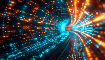 Obraz premium Abstract representation of high-speed global data transfer, featuring a dynamic tunnel-like effect with bright blue and orange lights, emphasizing ultra-fast broadband