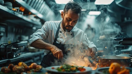 Professional Chef Garnishing Dishes in a Busy Restaurant Kitchen