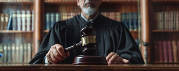 Judge in courtroom holding gavel, wearing black robe, serious expression, wooden judges bench, law books in background, justice and authority, professional setting, copy space.