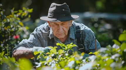 Serene Dedication An Elderly Man Cultivating Life in the Vibrant Garden Oasis
