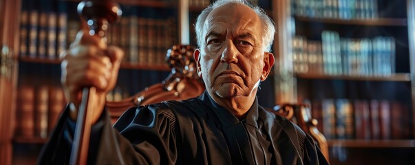 Obraz premium Judge in courtroom holding gavel, wearing black robe, serious expression, wooden judges bench, law books in background, justice and authority, professional setting, copy space.