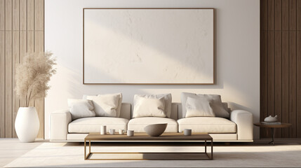 A mix of textures with a fluffy rug beneath a modern beige sofa set, accompanied by a glass coffee table and a blank empty white frame mockup.