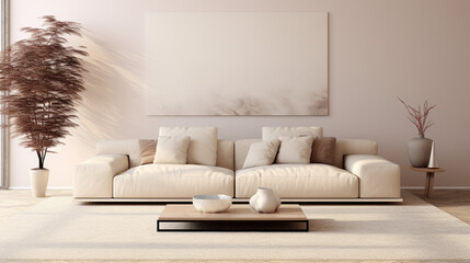A mix of textures with a fluffy rug beneath a modern beige sofa set, accompanied by a glass coffee table and a blank empty white frame mockup.