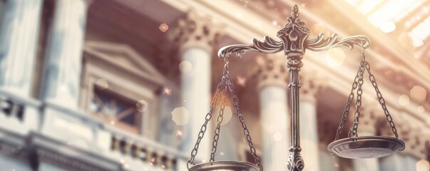 Legal scales with courthouse in background, symbolic image, classical architecture, law and justice theme, balanced and fair, professional and authoritative, copy space.