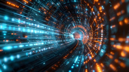 Fototapeta premium A futuristic digital tunnel of light and data, with glowing blue and orange lines representing fast Tower, creating an abstract background for technologythemed designs. 