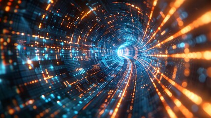 Fototapeta premium A futuristic digital tunnel of light and data, with glowing blue and orange lines representing fast Tower, creating an abstract background for technologythemed designs. 
