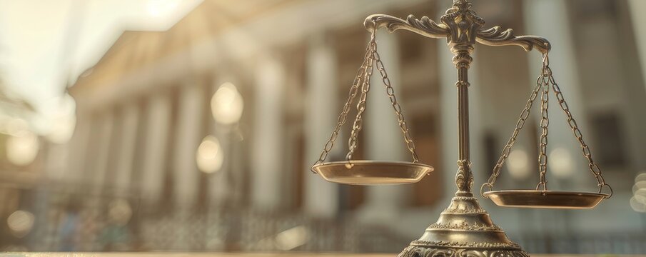 Legal scales with courthouse in background, symbolic image, classical architecture, law and justice theme, balanced and fair, professional and authoritative, copy space.