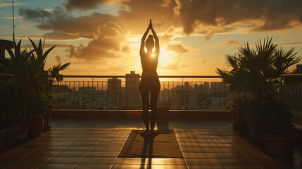 A woman practicing yoga on a rooftop terrace at sunrise, greeting the day with positivity and mindfulness. - Powered by Adobe