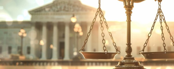 Legal scales with courthouse in background, symbolic image, classical architecture, law and justice theme, balanced and fair, professional and authoritative, copy space.