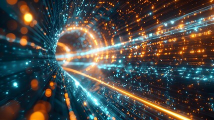 A futuristic digital tunnel of light and data, with glowing blue and orange lines representing fast Tower, creating an abstract background for technologythemed designs.
