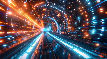 A futuristic digital tunnel of light and data, with glowing blue and orange lines representing fast Tower, creating an abstract background for technologythemed designs.
