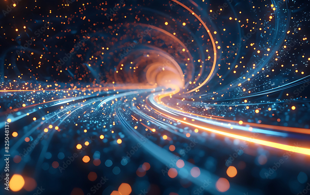 Poster Futuristic digital scene depicting rapid data transfer and connectivity, with a tunnel of blue and orange lights conveying the motion and speed of cyber technology