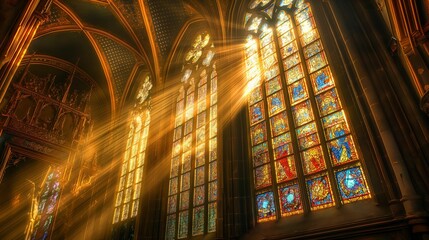 Image of sunlight streaming through the stained glass window of a church.