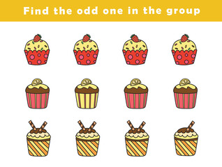  Find the odd one out for toddlers. Spot the difference for kids. Educational quiz worksheet with cute cupcake illustration. Logical activity for children.
