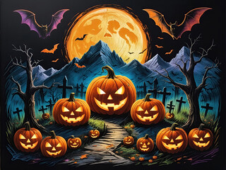 Halloween jack o lanterns on various creepy background