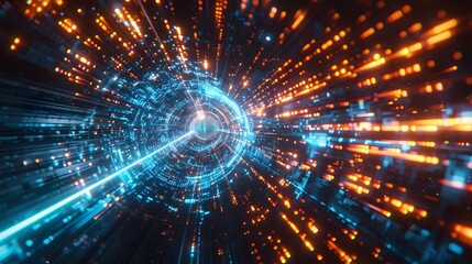 A futuristic digital tunnel of light and data, with glowing blue and orange lines representing fast...