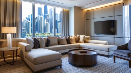 Spacious hotel suite with separate living area, contemporary furniture, large windows, cityscape view, modern amenities, luxurious and comfortable, copy space.