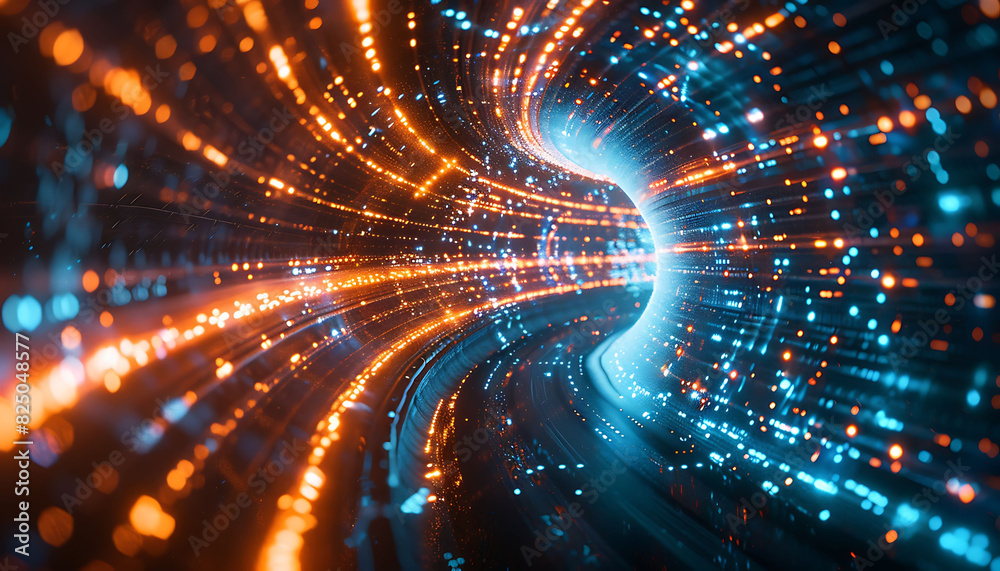 Fototapete abstract visual of high-speed broadband connectivity, showcasing a dynamic tunnel of blue and orange