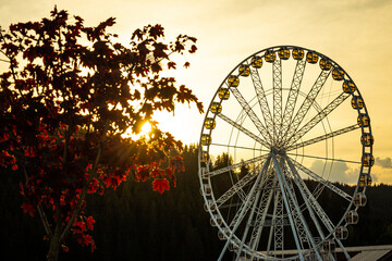 Illuminated Ferris wheel in the evening.