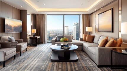 Spacious hotel suite with separate living area, contemporary furniture, large windows, cityscape view, modern amenities, luxurious and comfortable, copy space.
