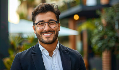 Fototapeta premium Confident Young Hispanic Businessman Smiling Happily in City Street, Professional Headshot Outdoor Urban Setting Daylight Entrepreneurship Concept