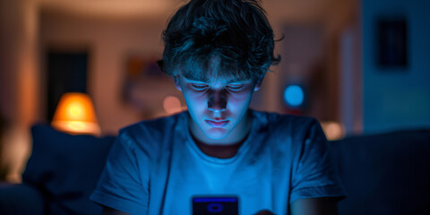 Teenage boy staring at his smart phone screen in the dark