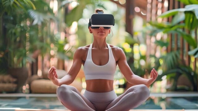 A woman sits cross-legged wearing a VR headset while meditating in an outdoor area surrounded by lush greenery during the day.