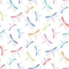 Colored dragonflies cute baby print for textile, fabric, packaging, wallpaper. Seamless repeat pattern with moths. Background insects with wings, vector graphics