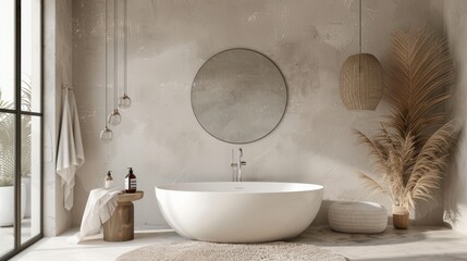 Modern bathroom interior with a white bathtub, round mirror and small table decorated with flowers...