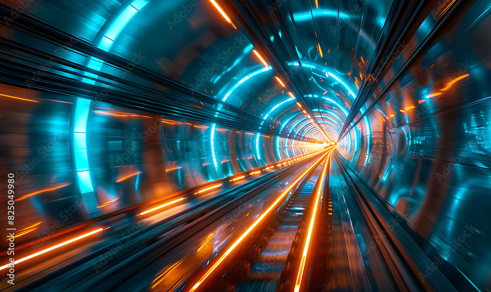 Aufkleber Vivid abstract depiction of a digital data tunnel, with bright blue and orange lights creating a sense of motion and high-speed connectivity, highlighting futuristic cyber technology