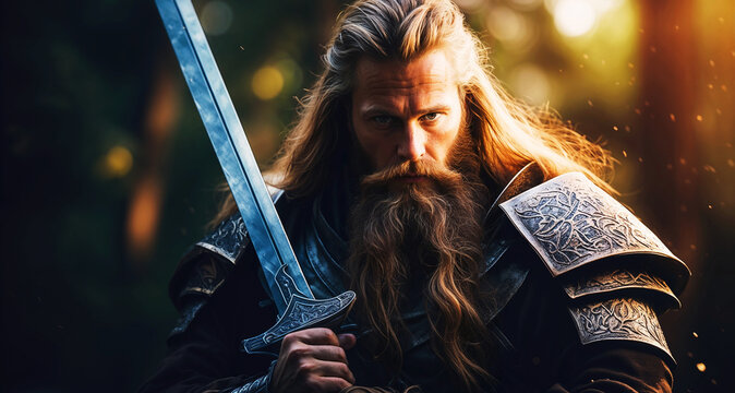 A man with blue eyes and a face is holding a sword