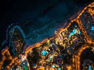 illuminated night city light view, ocean shore, Tenerife, Canary island aerial