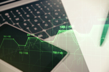 Abstract creative analytics data spreadsheet on modern computer background, analytics and analysis concept. Multiexposure