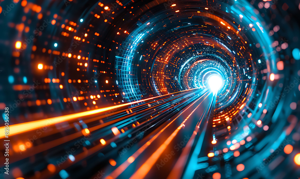 Aufkleber vivid abstract depiction of a digital data tunnel, with bright blue and orange lights creating a sen