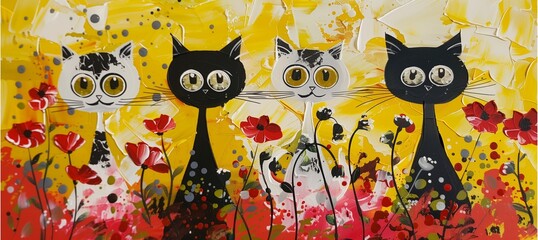 Whimsical cats with big, expressive eyes frolic amidst vibrant poppy flowers, creating a scene that's both cute and amusingly funny.