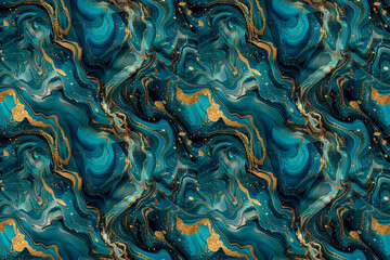 Elegant turquoise and gold marbled pattern, seamless and luxurious, ideal for textiles and tiles, with rich swirling textures and metallic accents