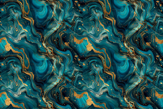 Elegant turquoise and gold marbled pattern, seamless and luxurious, ideal for textiles and tiles, with rich swirling textures and metallic accents