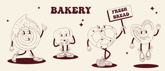 Funny characters for bread packaging, baking, bakery. Character bread, pretzel, bun for bakery design in the style of the 60s-70s.