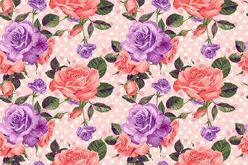 Vintage rose pattern with purple and pink roses on a polka dot background, seamless and charming, ideal for textiles and tiles