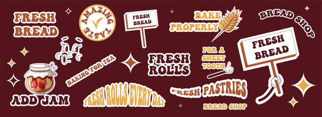 A set of groovy bakery stickers.Unusual bakery stickers with catchy phrases and illustrations for bread.