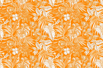 Tropical leaf pattern with white leaves on an orange background, seamless and vibrant, perfect for textiles and tiles