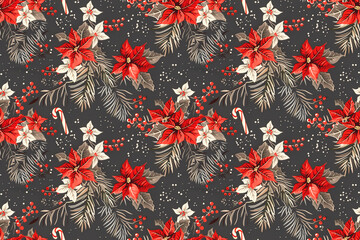 Festive poinsettia pattern with red and white flowers, candy canes, and pine branches on a dark background, seamless design perfect for holiday-themed textiles and tiles
