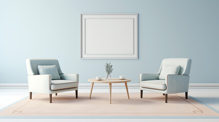 A modern cream-colored rug beneath a set of pale blue armchairs, paired with a low-profile table and a blank empty white frame mockup.