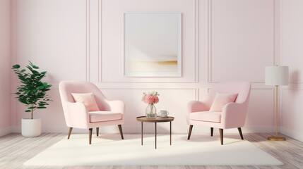 A modern cream-colored rug beneath a set of pale pink armchairs, paired with a low-profile table and a blank empty white frame mockup.