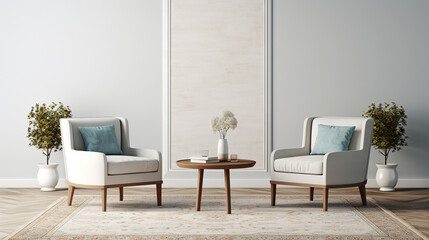 A modern cream-colored rug beneath a set of pale blue armchairs, paired with a low-profile table and a blank empty white frame mockup.