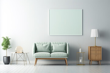 A modern living area in shades of mint green, featuring simple furniture and an empty white frame mockup against the wall.