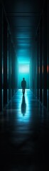 Obraz premium A silhouette of a person walking through a dimly lit corridor towards an illuminated doorway, casting a long shadow on the polished floor.