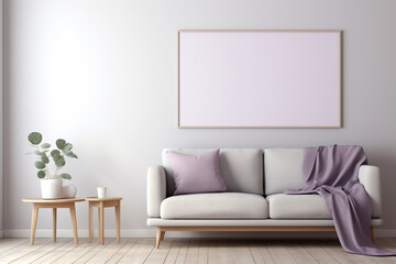A modern living area in shades of muted lavender, featuring simple furniture and an empty white frame mockup against the wall.