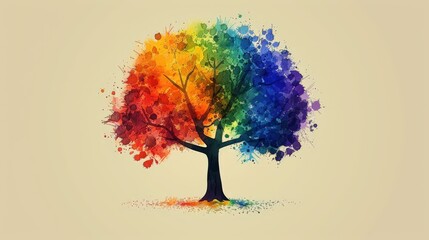 A minimalist illustration of a rainbow-colored tree, symbolizing growth, diversity, and unity within the LGBTQIA+ community. The clean lines and simple background emphasize the positive message.